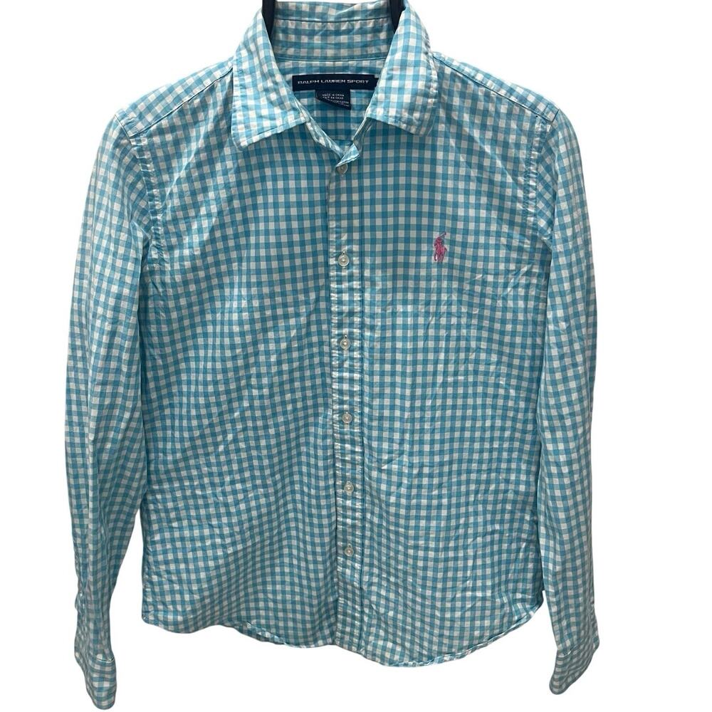 Ralph Lauren Sport Baby Blue White Gingham Check Pink Pony Dress Shirt~Boys 12